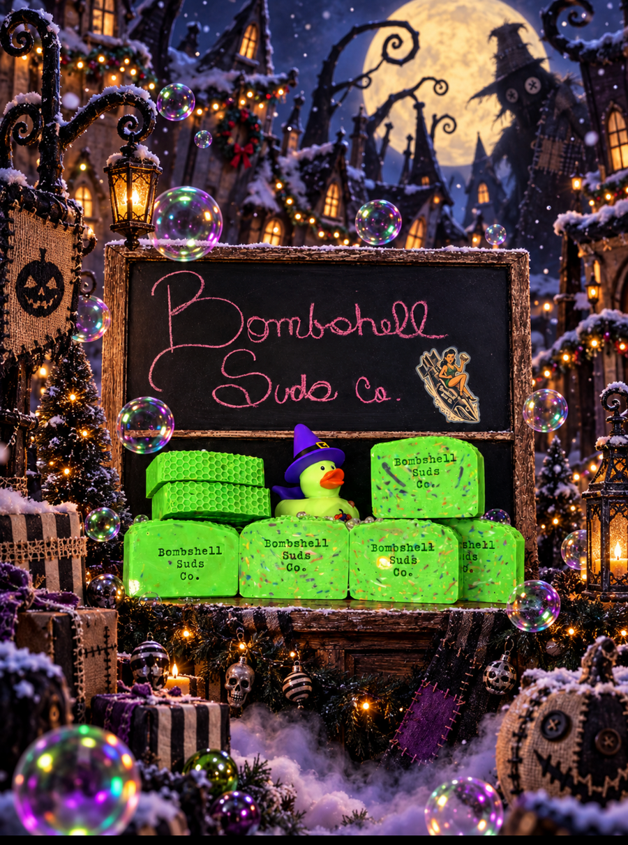 “Boogie Man neon-green handmade soap bar styled in a dark, creepy product scene.”