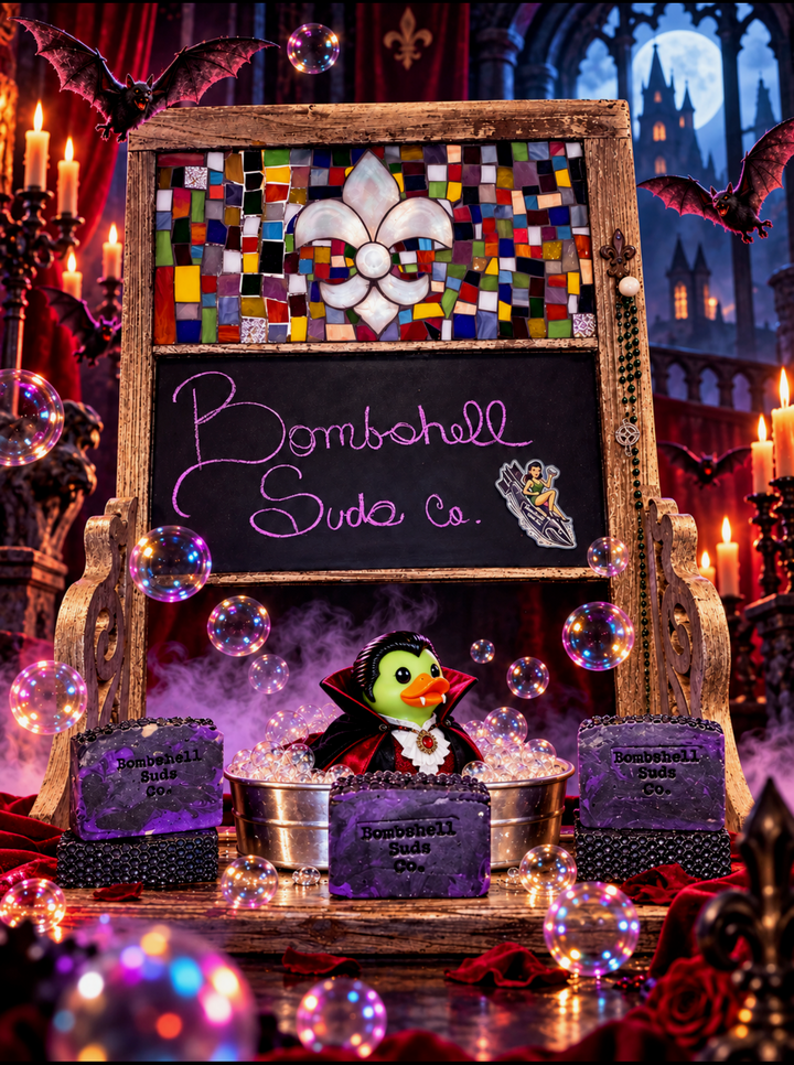 Purple Drac soap bars surrounding a vampire rubber duck, with bubbles, bats, candles, and a Bombshell Suds Co. sign.