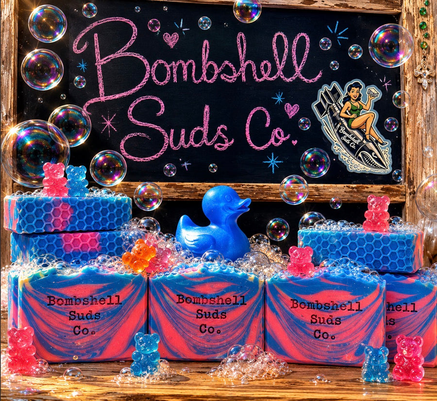 Julez handcrafted cold-process soap bar by Bombshell Suds Co, with candy citrus, strawberry, lime zest, vanilla, and sugar cane notes