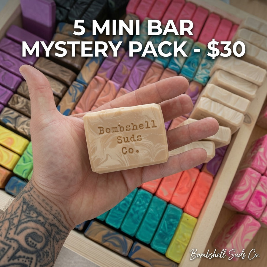 Mystery Mini Soap Bar Pack, five handmade soap bars by Bombshell Suds Co