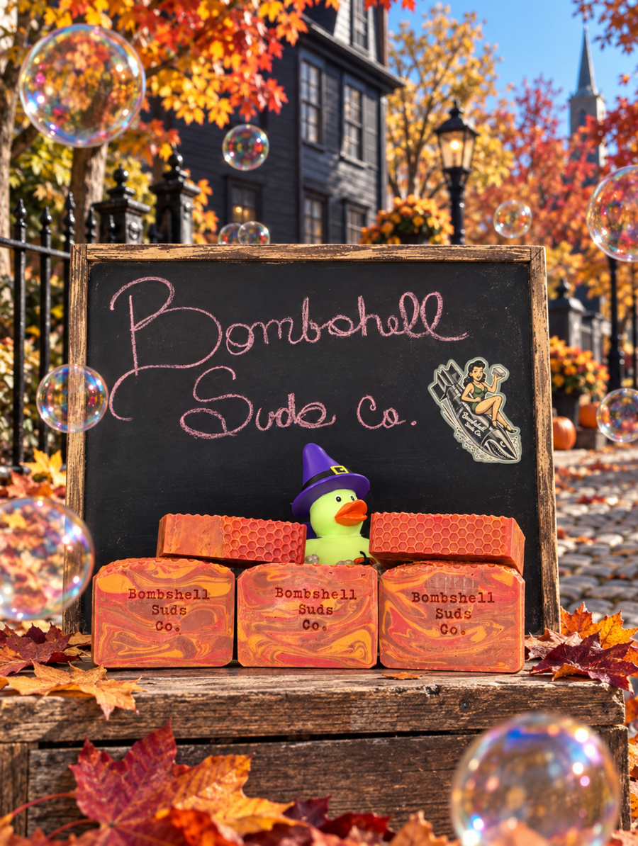 “Salem handmade soap bar in a dark, witchy product scene.”