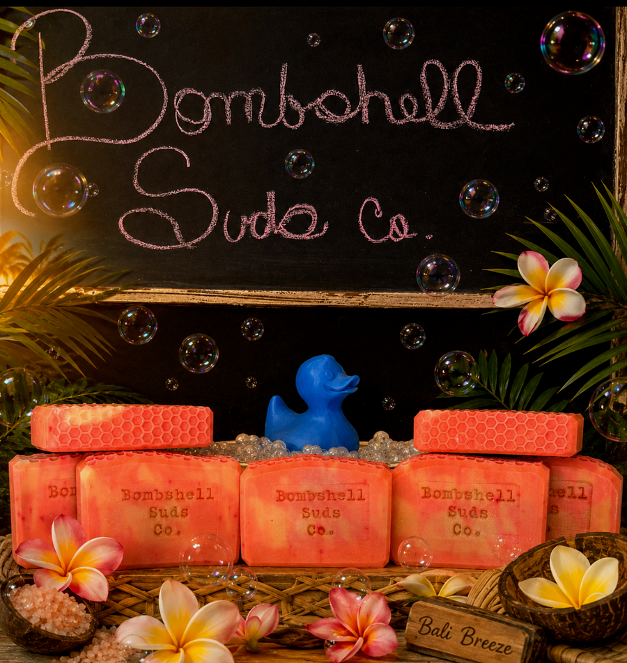Bali Breeze handcrafted cold-process soap bar by Bombshell Suds Co, with bright citrus, juicy melon, soft florals, and warm musk