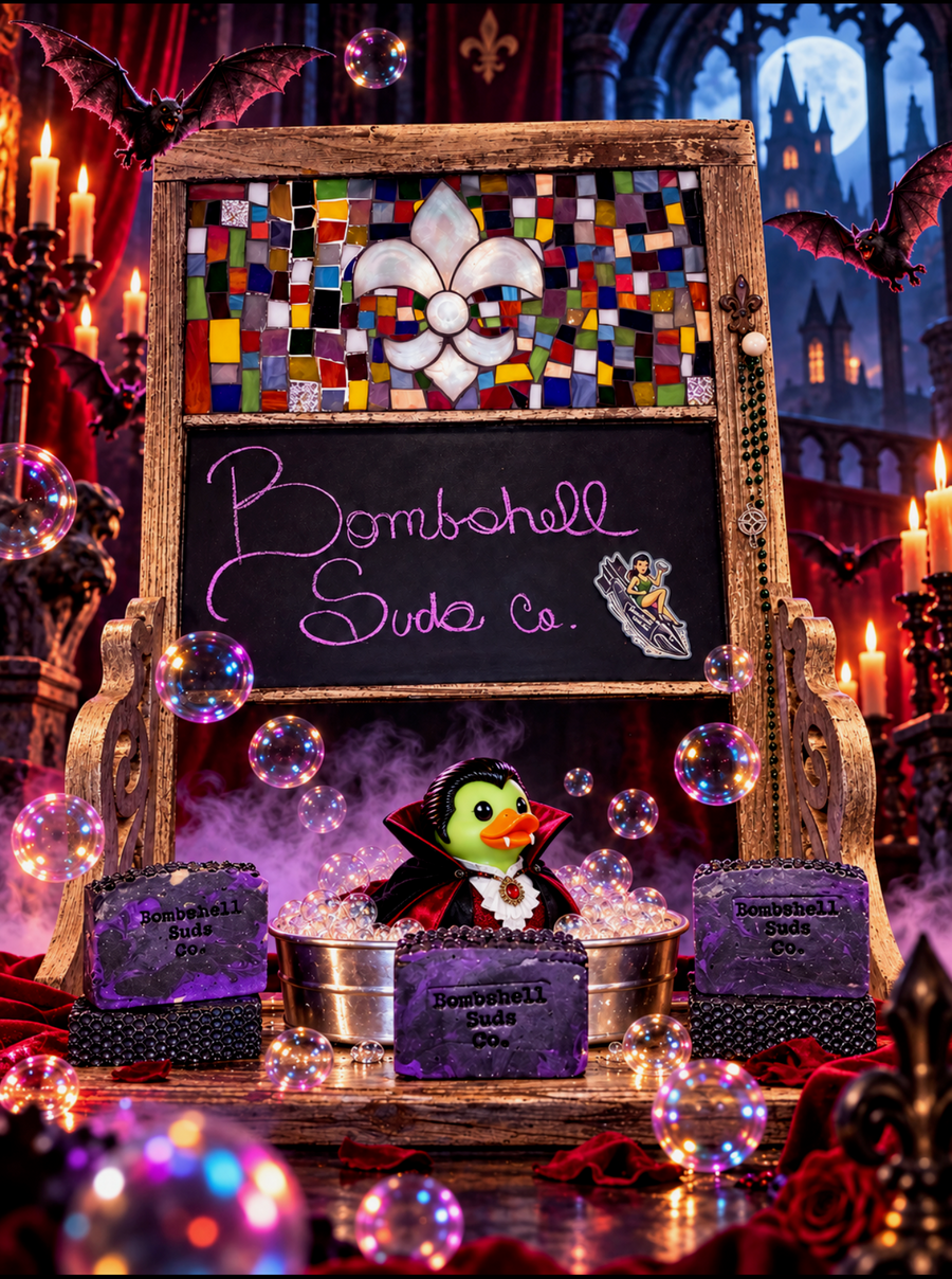 Purple Drac soap bars surrounding a vampire rubber duck, with bubbles, bats, candles, and a Bombshell Suds Co. sign.