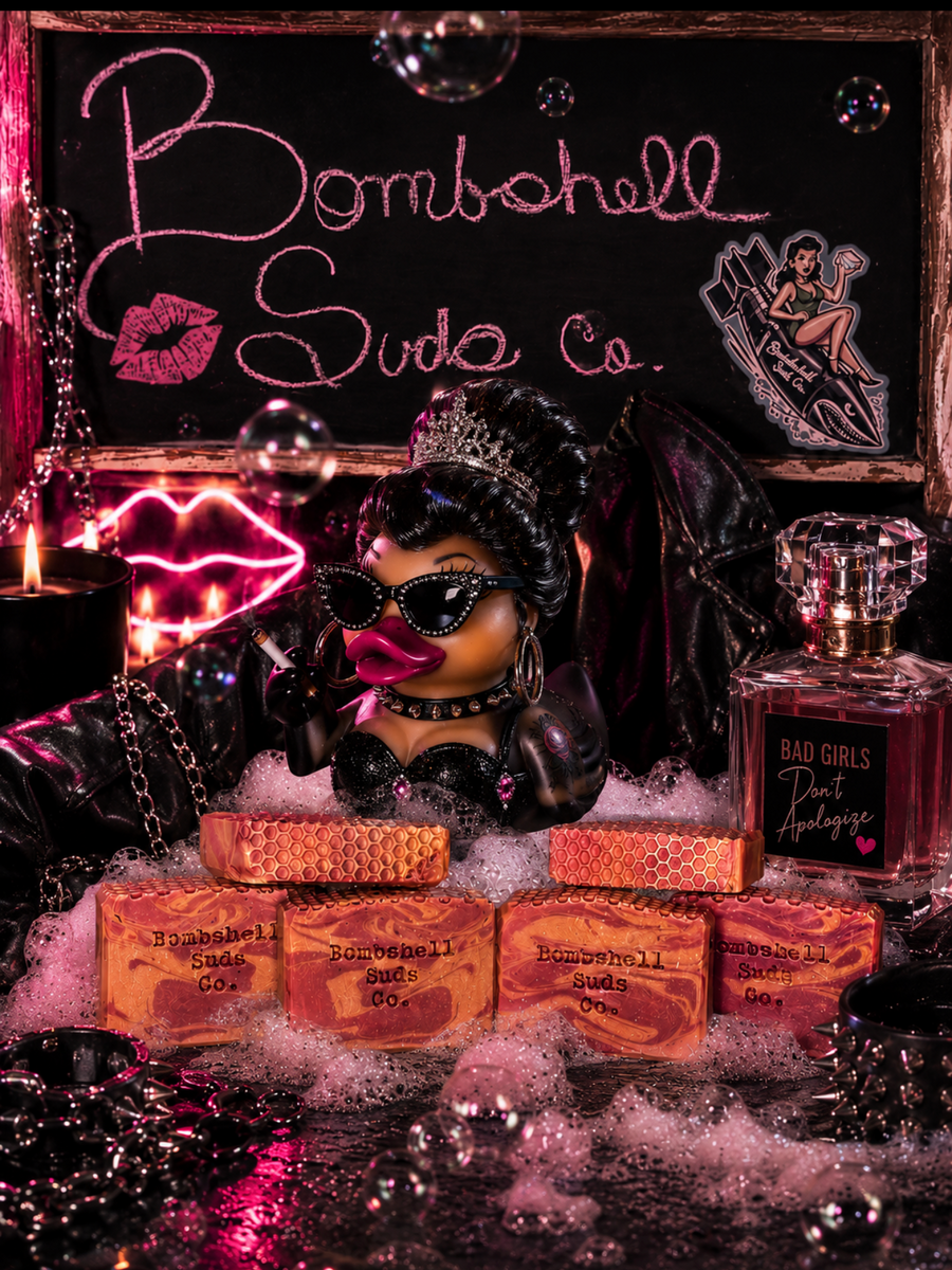 Rebel premium handcrafted cold-process soap bar by Bombshell Suds Co, with floral, amber, lavender, and soft wood notes