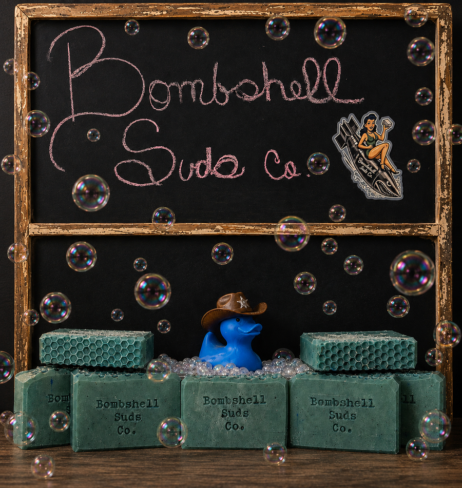 Cowboy handcrafted cold-process soap bar by Bombshell Suds Co, with leather, tobacco, sandalwood, and warm spice notes