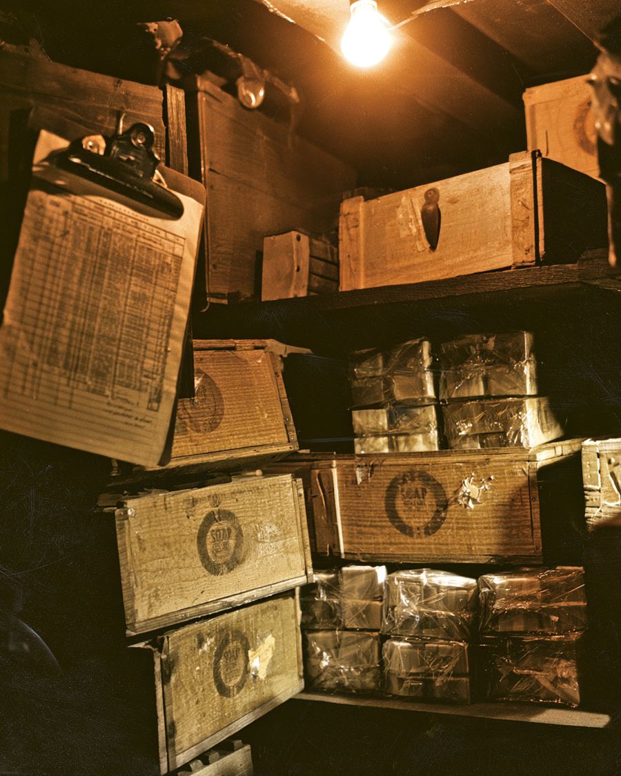 Wartime supply depot shelves stacked with stenciled soap crates and wrapped bars